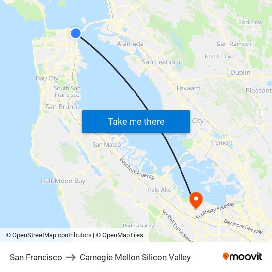 San Francisco to Carnegie Mellon Silicon Valley map