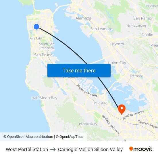 West Portal Station to Carnegie Mellon Silicon Valley map