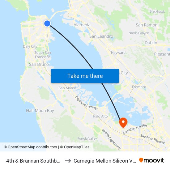 4th & Brannan Southbound to Carnegie Mellon Silicon Valley map