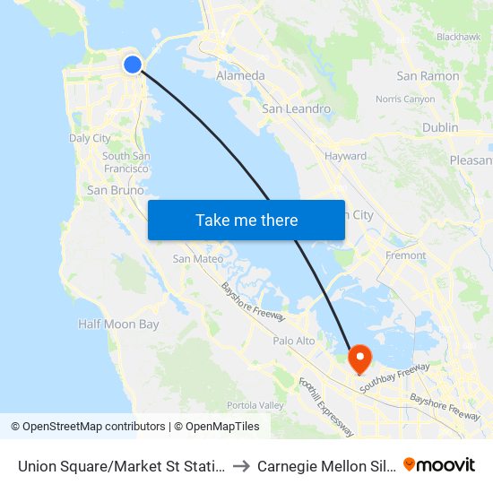 Union Square/Market St Station Southbound to Carnegie Mellon Silicon Valley map