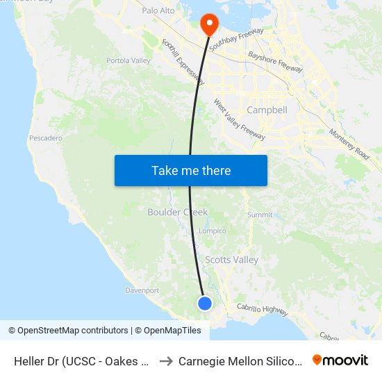 Heller Dr (UCSC - Oakes College) to Carnegie Mellon Silicon Valley map