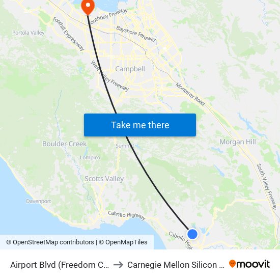 Airport Blvd (Freedom Centre) to Carnegie Mellon Silicon Valley map