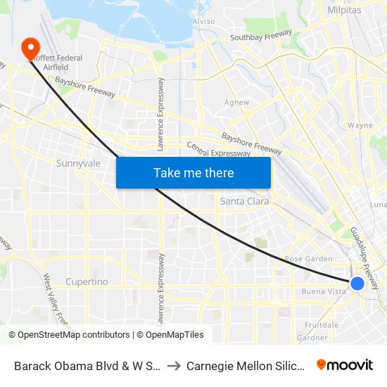 Barack Obama Blvd & W San Carlos to Carnegie Mellon Silicon Valley map