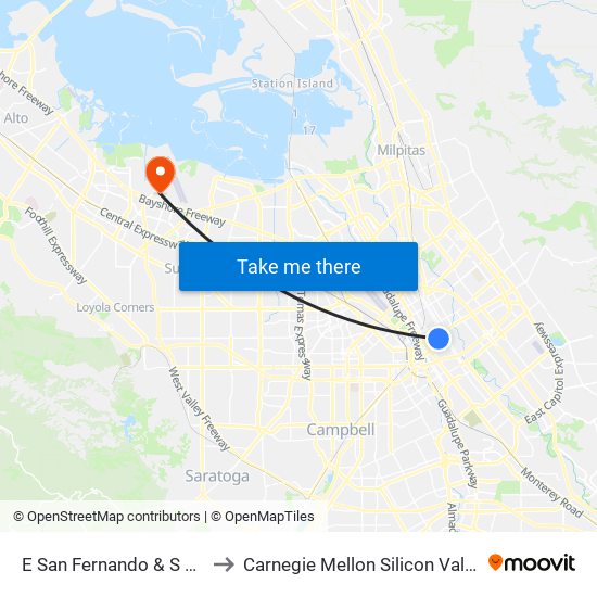 E San Fernando & S 7th to Carnegie Mellon Silicon Valley map