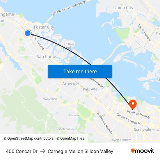 400 Concar Dr to Carnegie Mellon Silicon Valley map