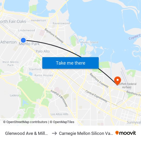 Glenwood Ave & Mills Ct to Carnegie Mellon Silicon Valley map
