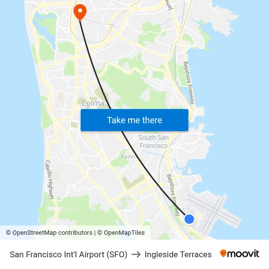 San Francisco Int'l Airport (SFO) to Ingleside Terraces map