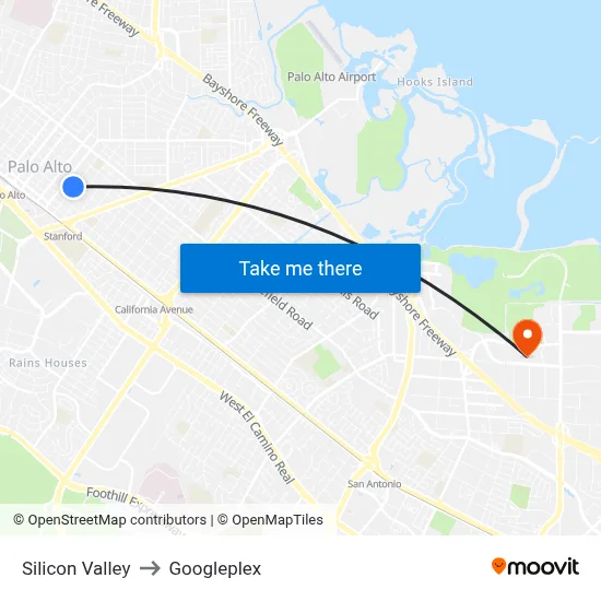 Silicon Valley to Googleplex map