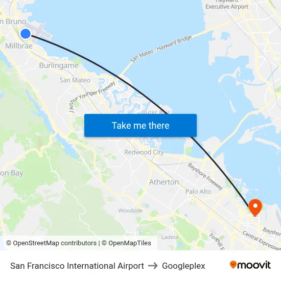 San Francisco International Airport to Googleplex map