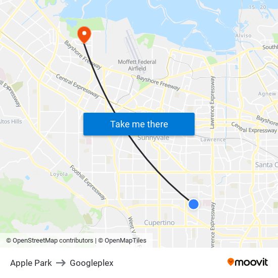 Apple Inc. to Googleplex map