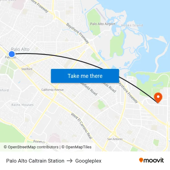 Palo Alto Caltrain Station to Googleplex map