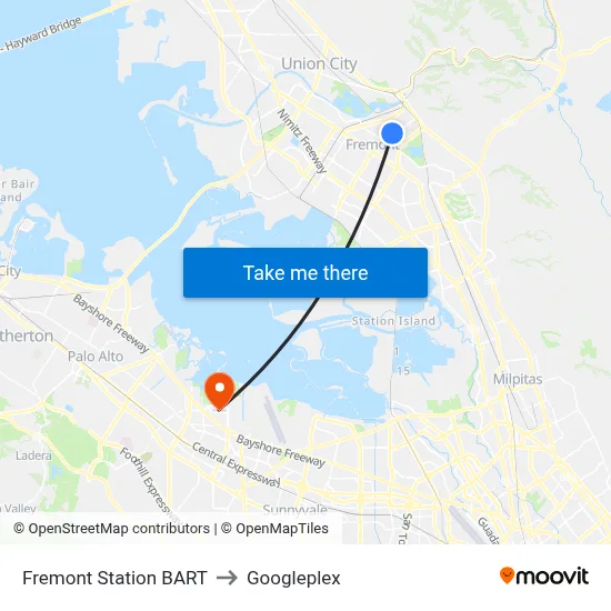 Fremont Station BART to Googleplex map