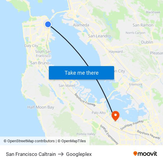 San Francisco Caltrain to Googleplex map
