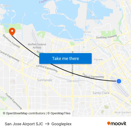 San Jose Airport SJC to Googleplex map