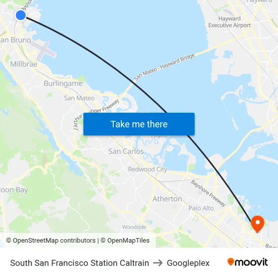 South San Francisco Station Caltrain to Googleplex map