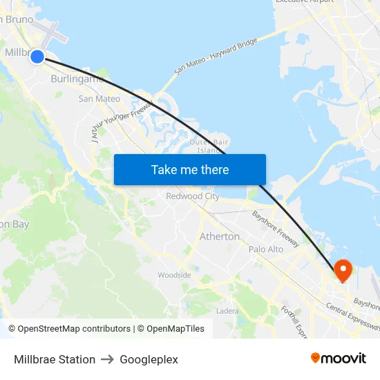 Millbrae Station to Googleplex map