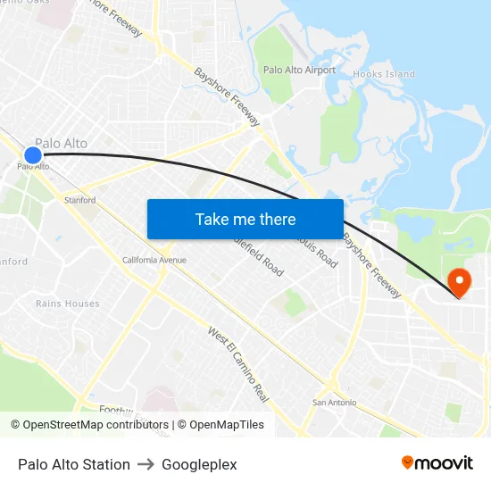 Palo Alto Station to Googleplex map