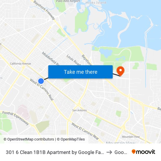 301 6 Clean 1B1B Apartment by Google Facebook and Microsoft Palo Alto to Googleplex map