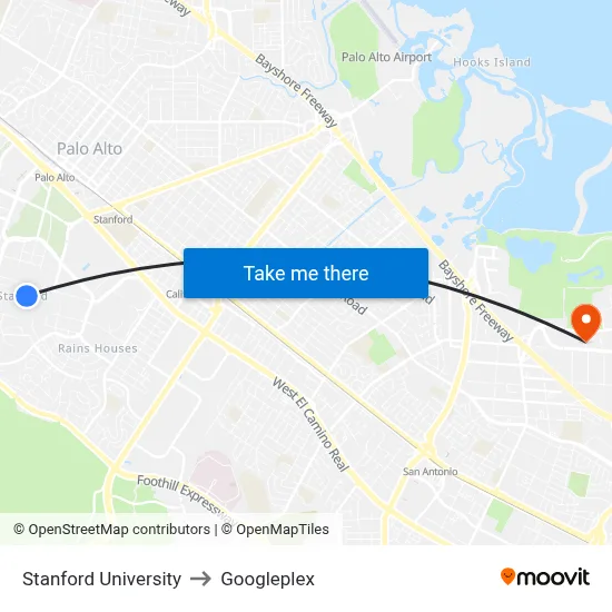 Stanford University to Googleplex map
