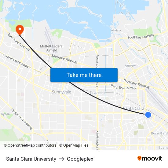Santa Clara University to Googleplex map
