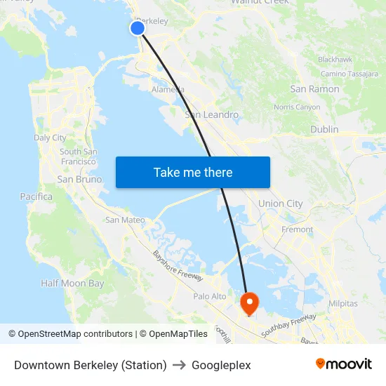 Downtown Berkeley (Station) to Googleplex map
