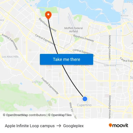 Apple Infinite Loop campus to Googleplex map