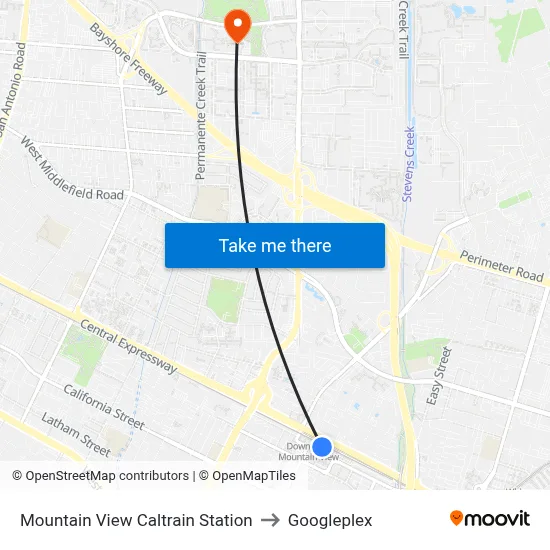 Mountain View Caltrain Station to Googleplex map