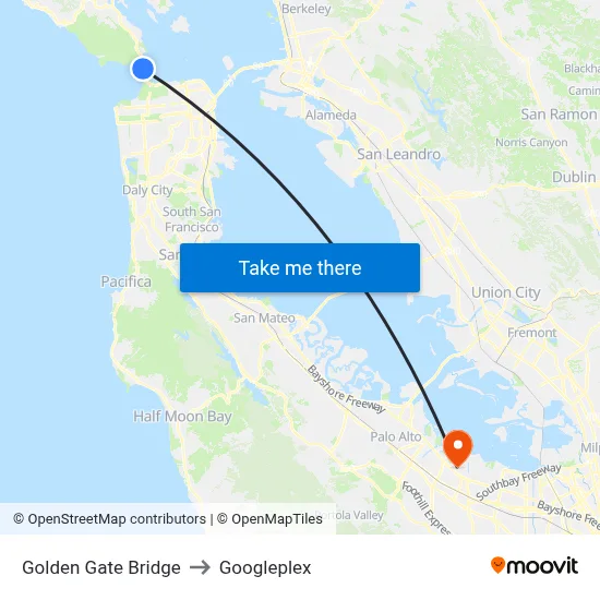 Golden Gate Bridge to Googleplex map