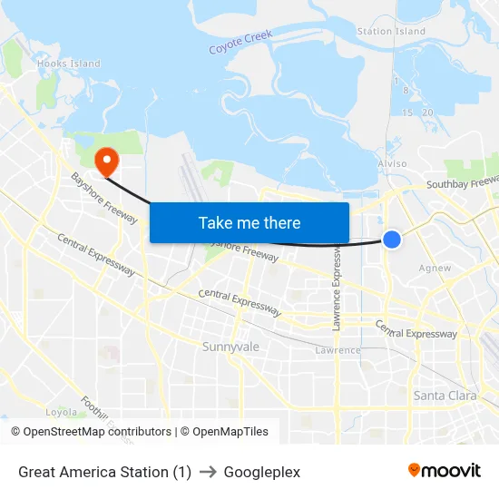Great America Station (1) to Googleplex map