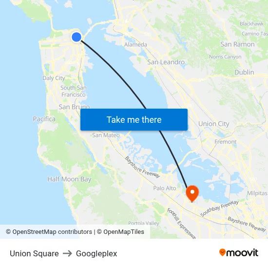 Union Square to Googleplex map