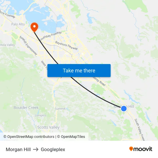 Morgan Hill to Googleplex map