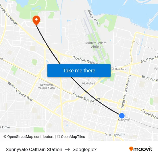 Sunnyvale Caltrain Station to Googleplex map
