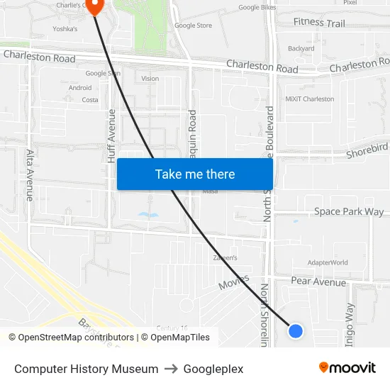 Computer History Museum to Googleplex map