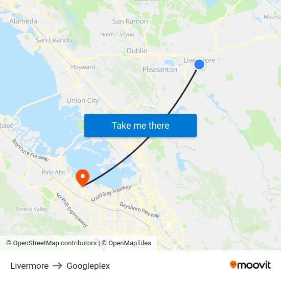 Livermore to Googleplex map