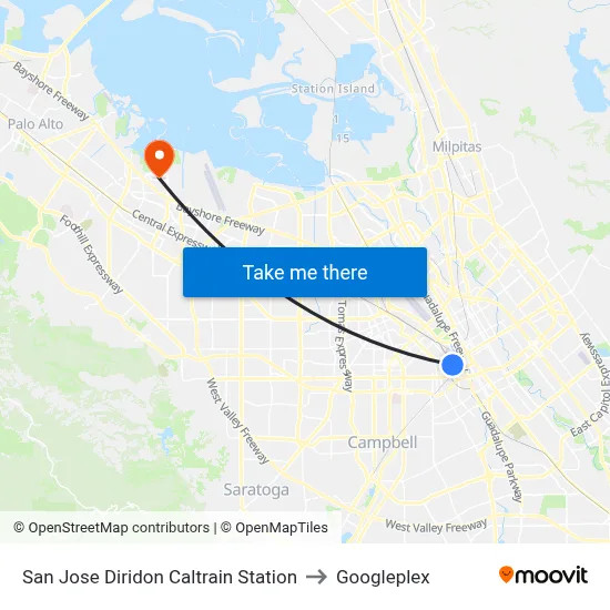 San Jose Diridon Caltrain Station to Googleplex map