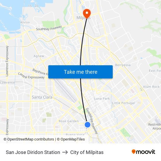 San Jose Diridon Station to City of Milpitas map