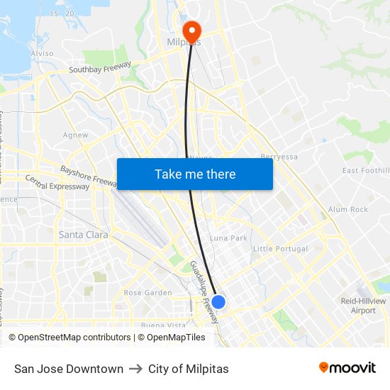 San Jose Downtown to City of Milpitas map