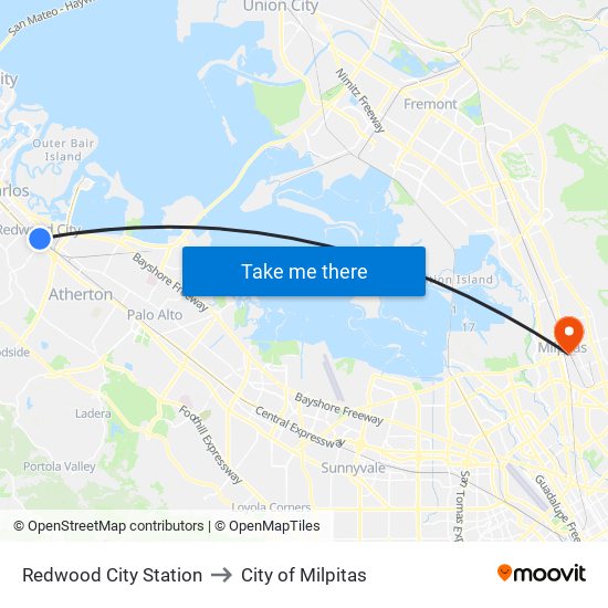 Redwood City Station to City of Milpitas map