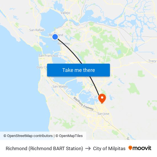 Richmond (Richmond BART Station) to City of Milpitas map