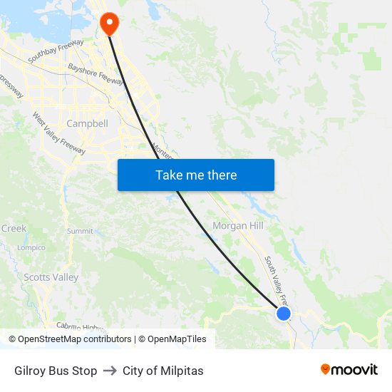 Gilroy Bus Stop to City of Milpitas map