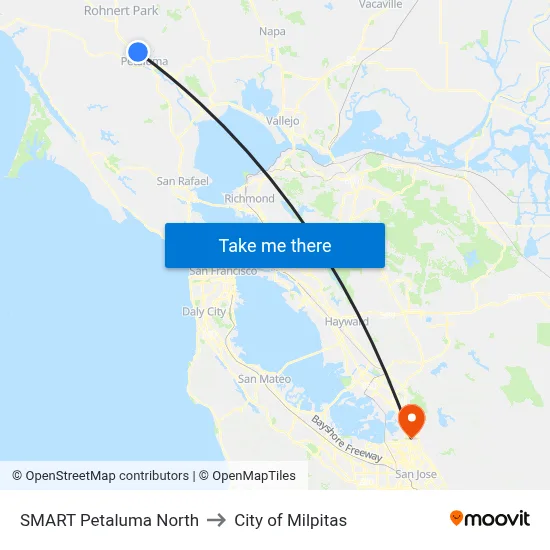 SMART Petaluma North to City of Milpitas map