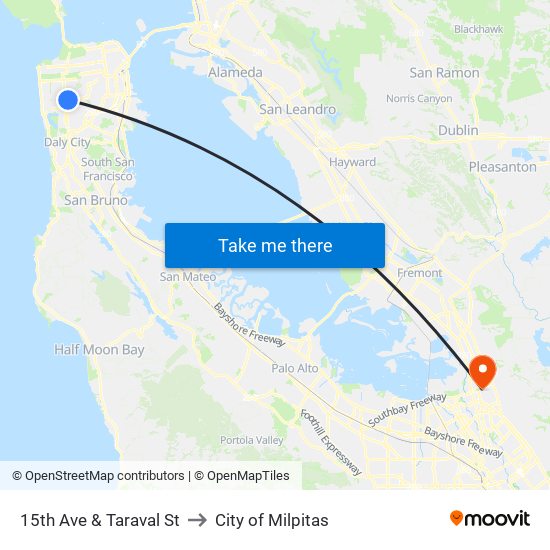 15th Ave & Taraval St to City of Milpitas map