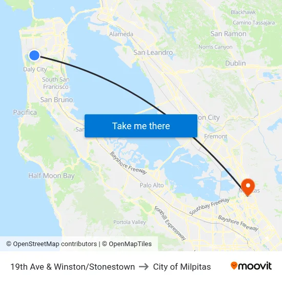 19th Ave & Winston/Stonestown to City of Milpitas map