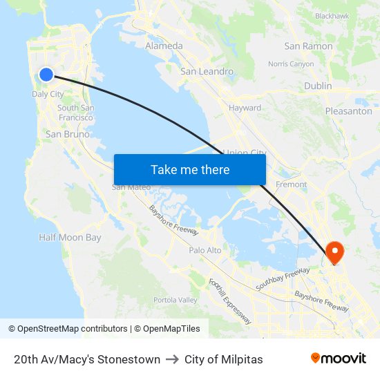 20th Av/Macy's Stonestown to City of Milpitas map