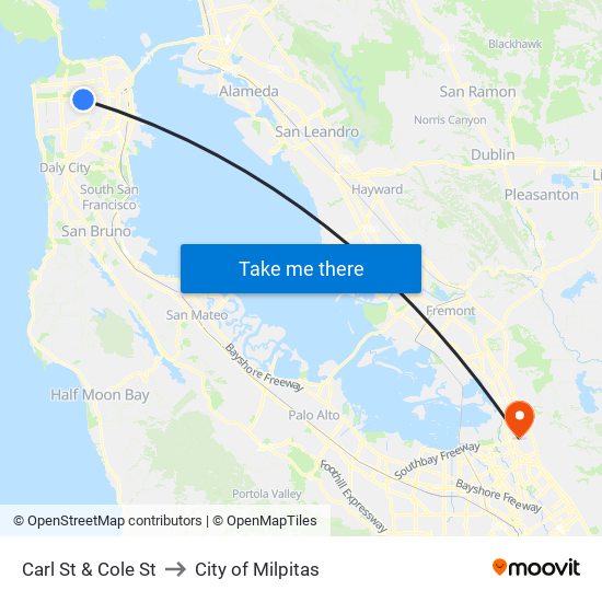 Carl St & Cole St to City of Milpitas map