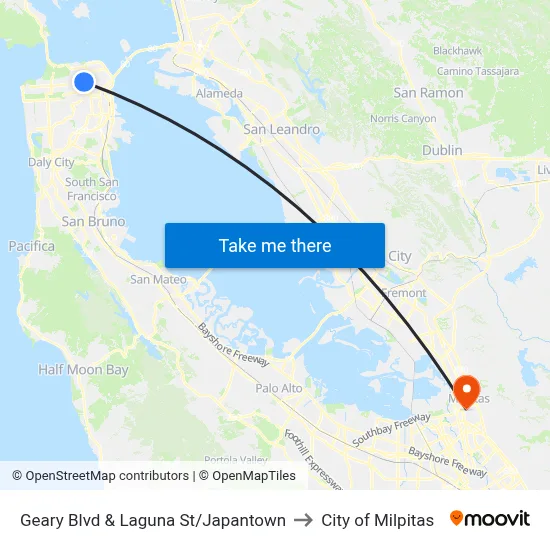 Geary Blvd & Laguna St/Japantown to City of Milpitas map