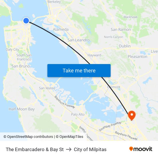 The Embarcadero & Bay St to City of Milpitas map