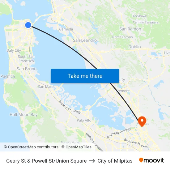 Geary St & Powell St/Union Square to City of Milpitas map
