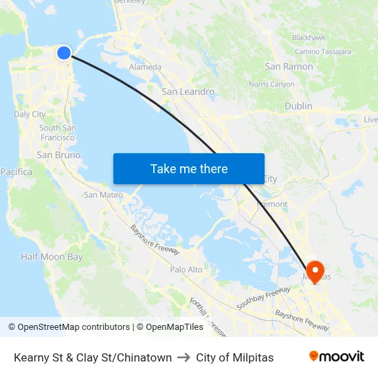 Kearny St & Clay St/Chinatown to City of Milpitas map