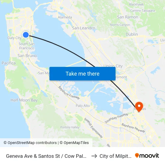 Geneva Ave & Santos St / Cow Palace to City of Milpitas map
